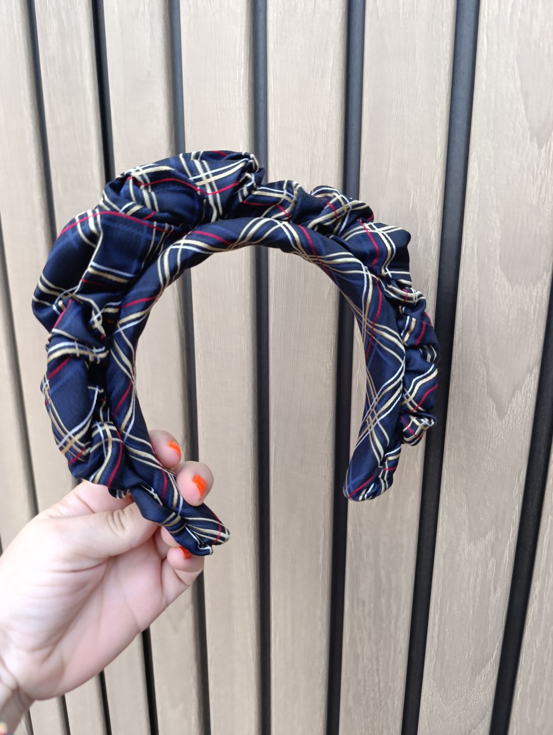 Granatowa opaska korona fascynator krata wianek jedwabna silk