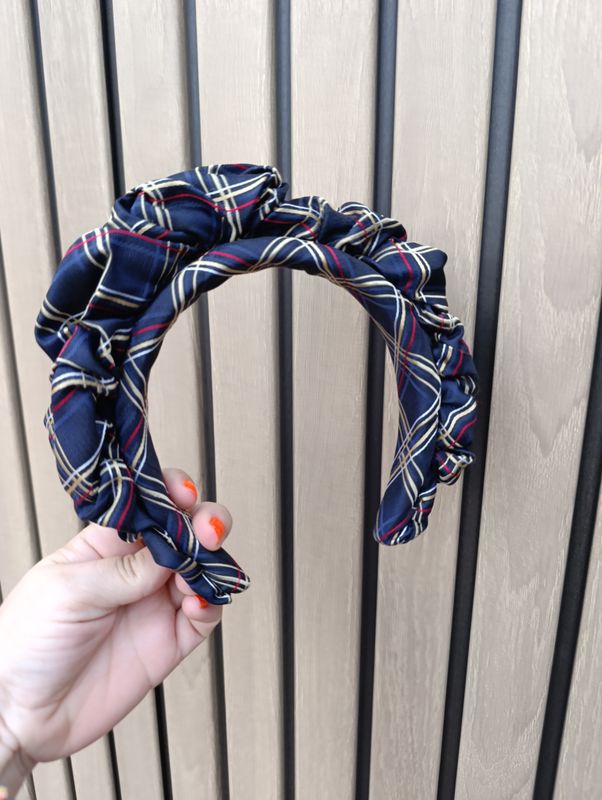 Granatowa opaska korona fascynator krata wianek jedwabna silk