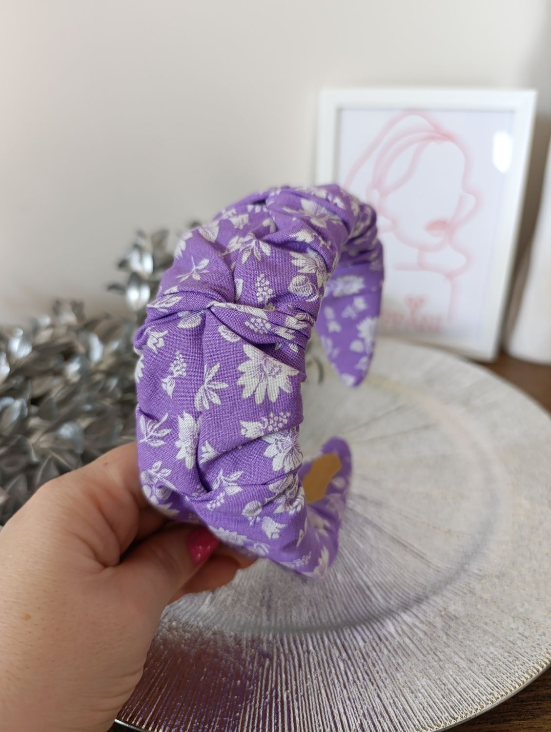 Opaska marszczona szeroka bawełna liliowa w kwiaty