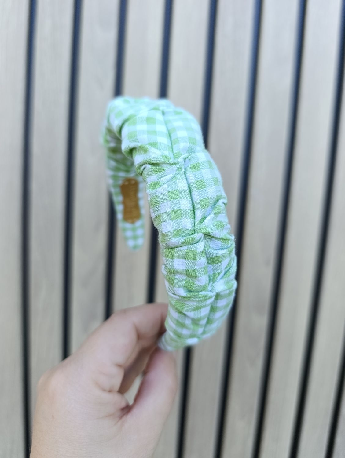 Opaska marszczona wąska bawełna krata seledyn