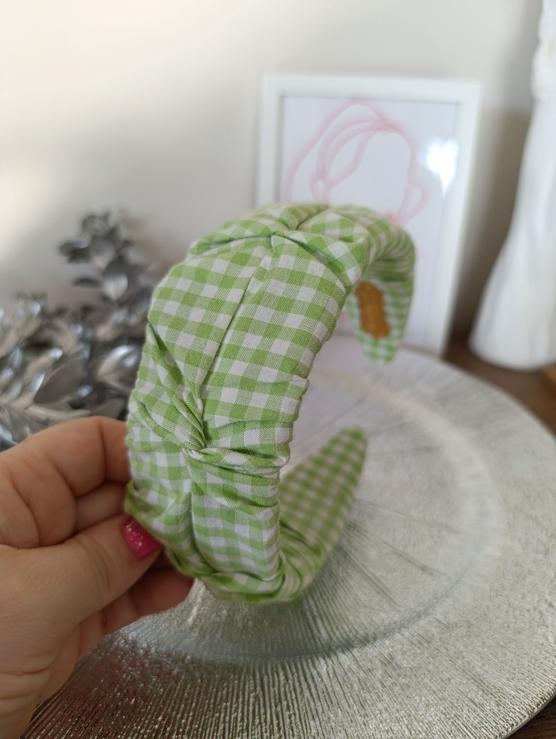 Opaska marszczona szeroka bawełna krata seledyn