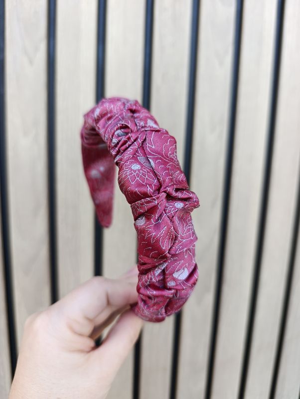 Bordowa marszczona opaska korona jedwabna silk