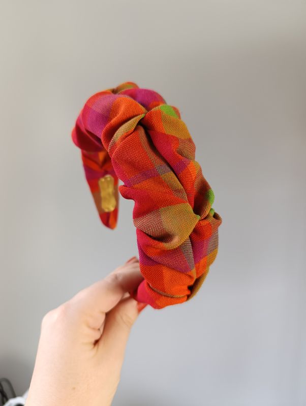 Opaska marszczona szeroka krata multikolor pomarańcz