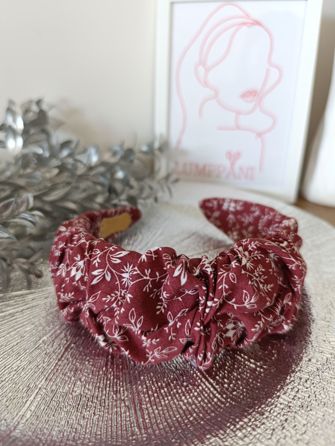 Opaska marszczona szeroka bordo drobny kwiat