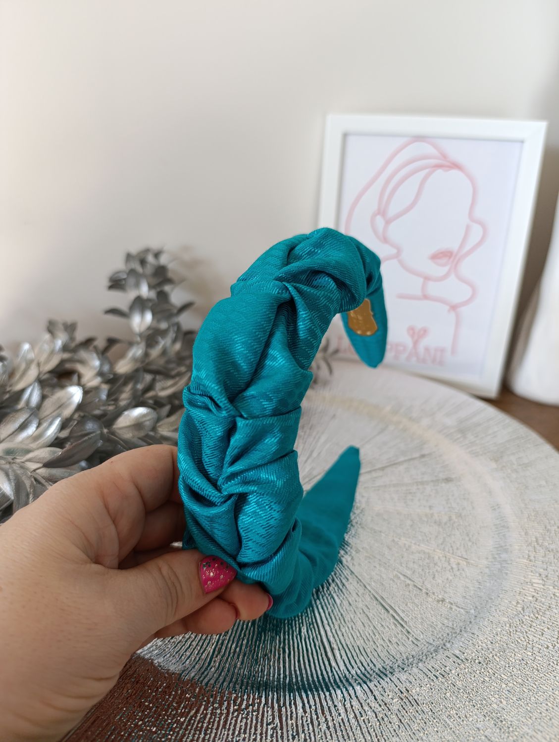 Opaska marszczona wąska turkusowa tłoczona