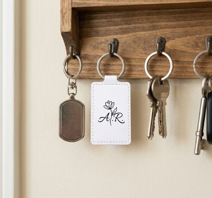 White - Faux Leather Keychain with Rings White - Faux Leather Keychain with Rings