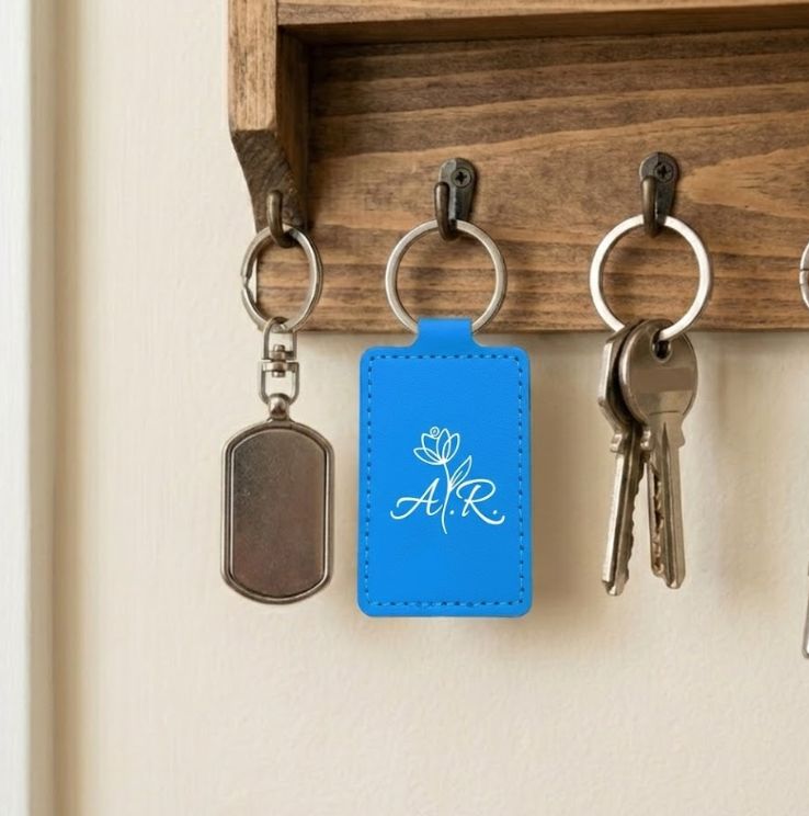 Blue -  Faux Leather Keychain with  Rings