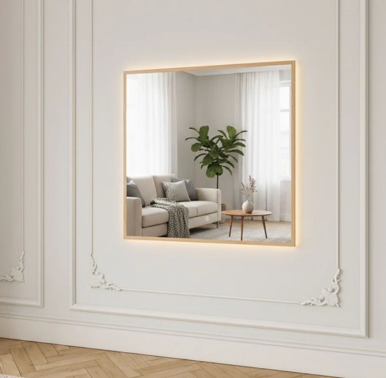 LED Mirror With Birch Frame (100x100 cm)