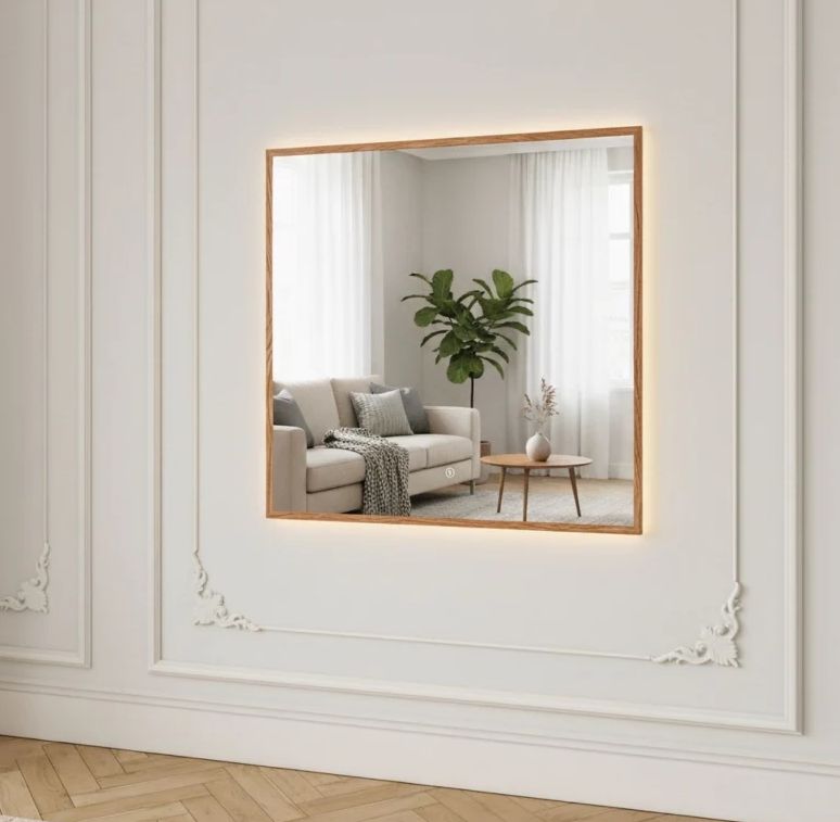 LED Mirror With Oak Frame (100x100 cm)