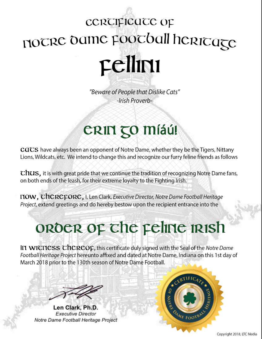 "Order of the Feline Irish" Certificate