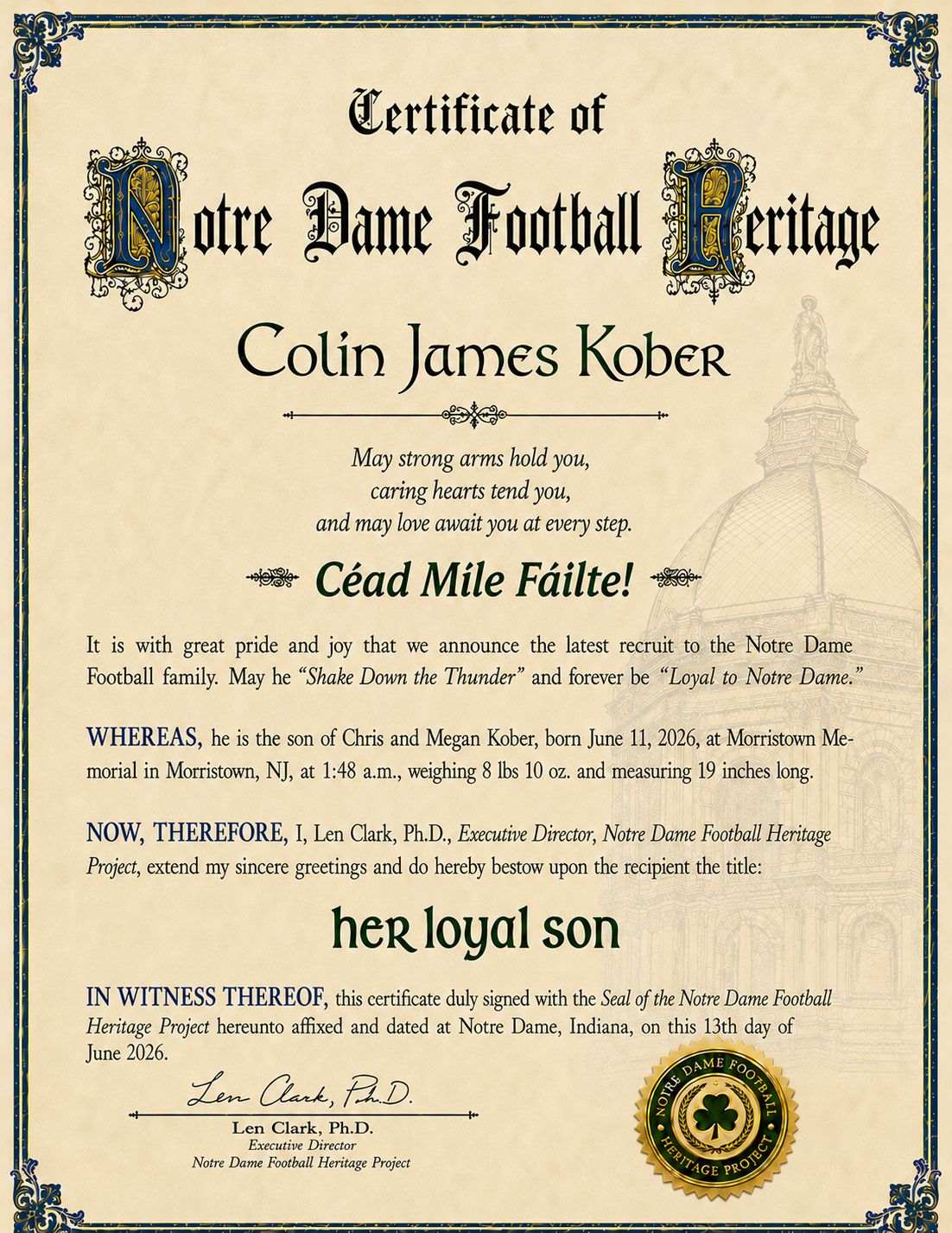 "Her Loyal Son" Birth Announcement