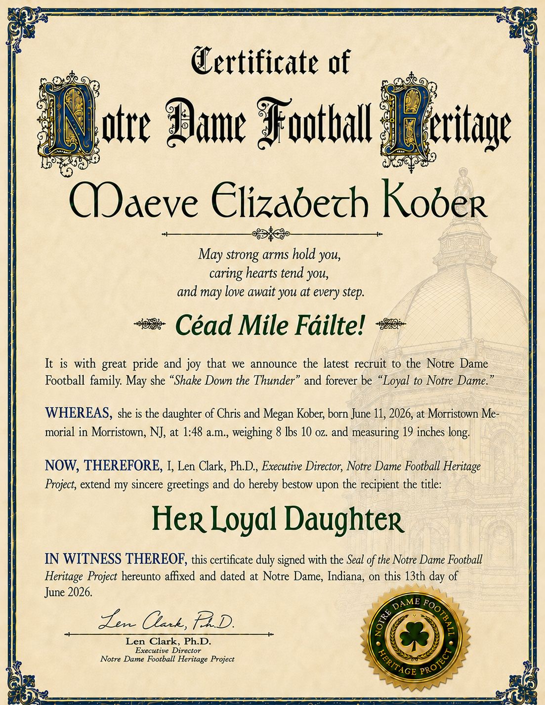Notre Dame Football Heritage Birth Announcement Certificate — “Her Loyal Daughter”