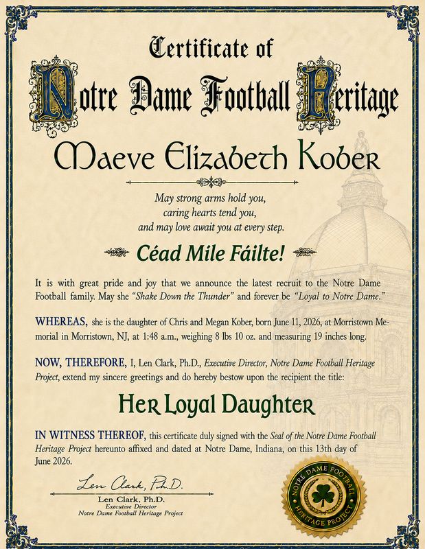 Notre Dame Football Heritage Birth Announcement Certificate — “Her Loyal Daughter”