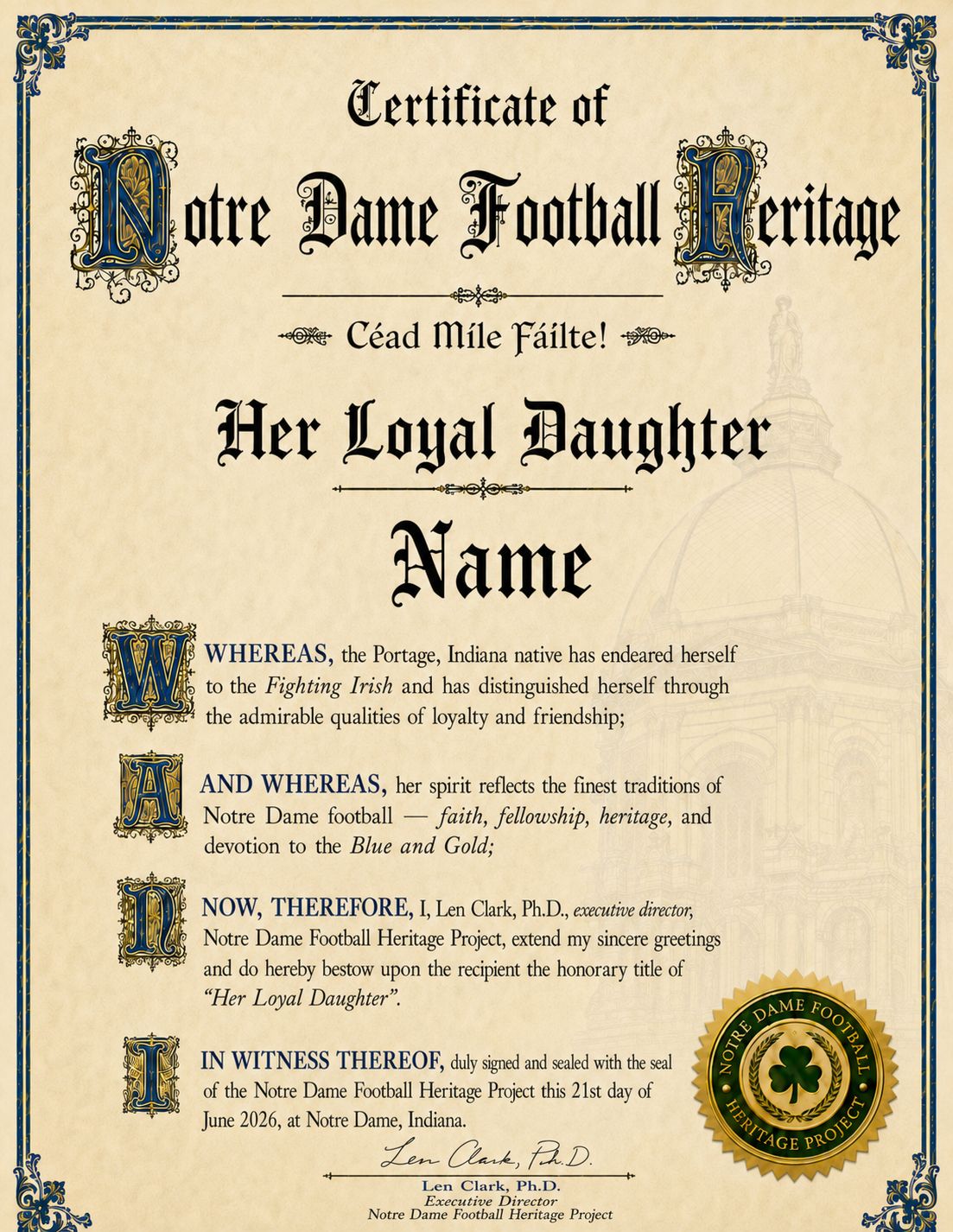 Her Loyal Daughter  — Personalized Notre Dame Football Heritage Certificate​