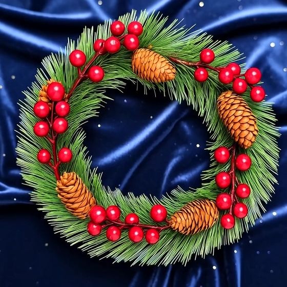 Wieniec z Sztucznej Choinki z Żurawiną i Szyszkami – 25 cm