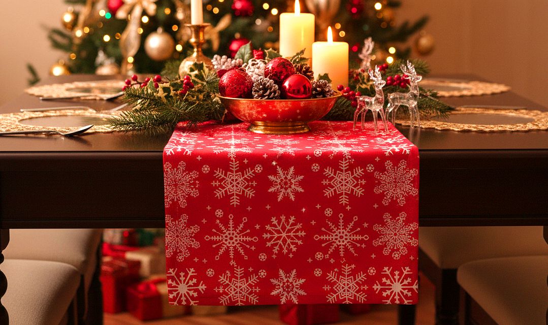 BIEŻNIK ŚWIĄTECZNY czerwony w śnieżynki – HOME DECO 120 cm