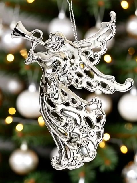 Zawieszka świąteczna bombka metaliczny anioł srebrny 14 cm