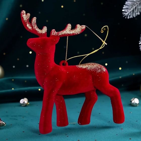 Zawieszka, bombka - renifer flokowany (aksamitny, welurowy) czerwony z brokatem 13 cm