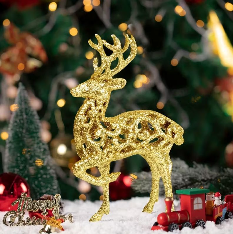 ​Złoty Renifer Świąteczny – Ażurowa Dekoracja Pokryta Brokatem