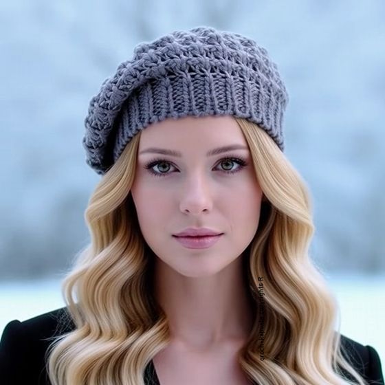 ​Ażurowy Beret Damski – Lekko Opadający, Pleciony szary