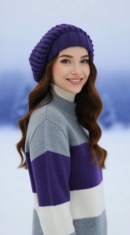 Czapka Zimowa – Luźna Krasnalka / Beret z Błyszczącą Nitką | Admart Fioletowa