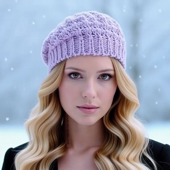 ​Ażurowy Beret Damski – Lekko Opadający, Pleciony liliowy