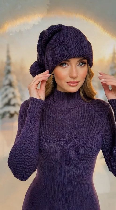 Zimowa Czapka Typu Krasnalka z Pomponem – Duński Splot Warkoczowy FIOLETOWA
