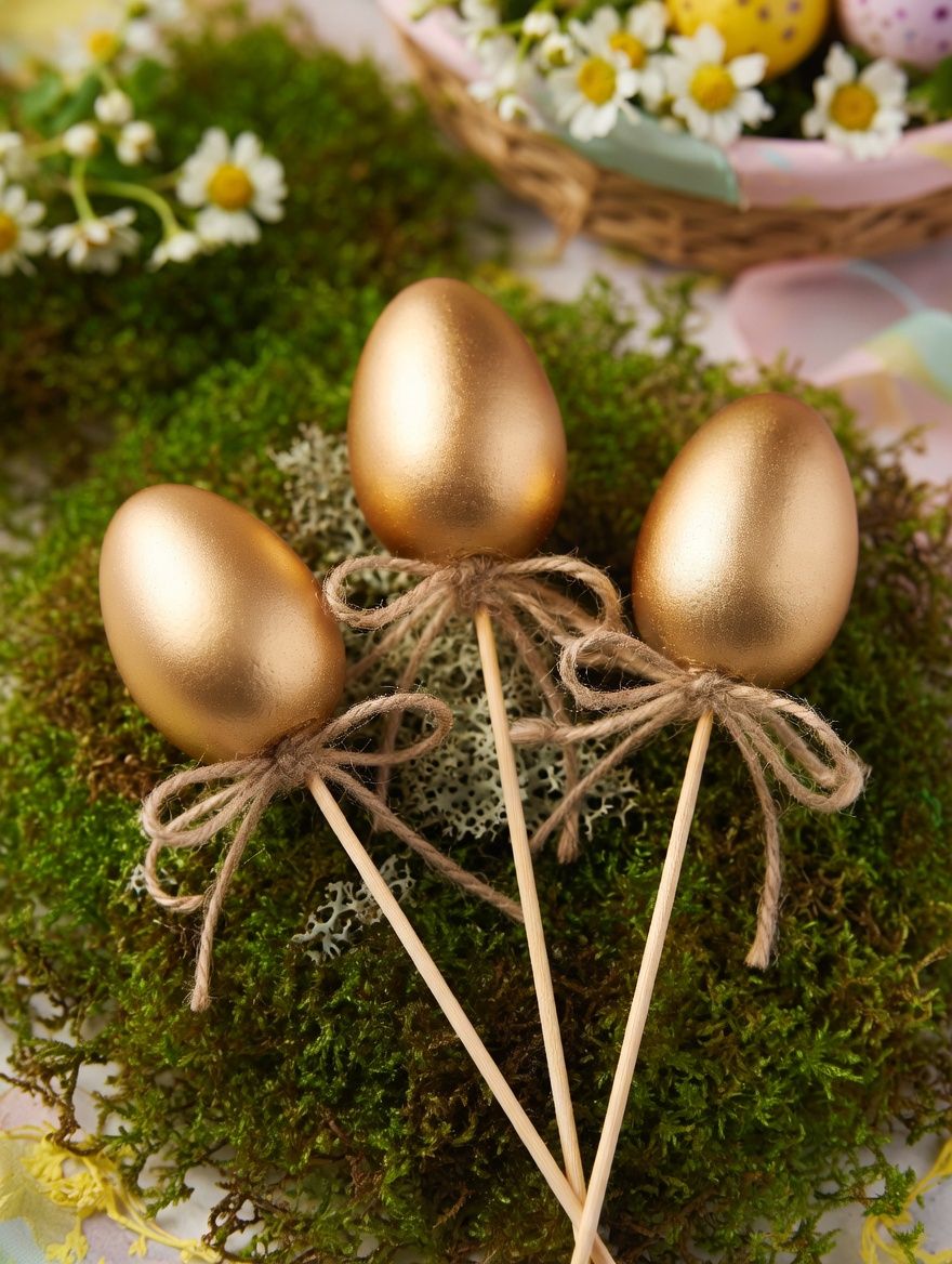 ​Złote Jajka Dekoracyjne na Drewnianym Piku – Zestaw 3 szt.