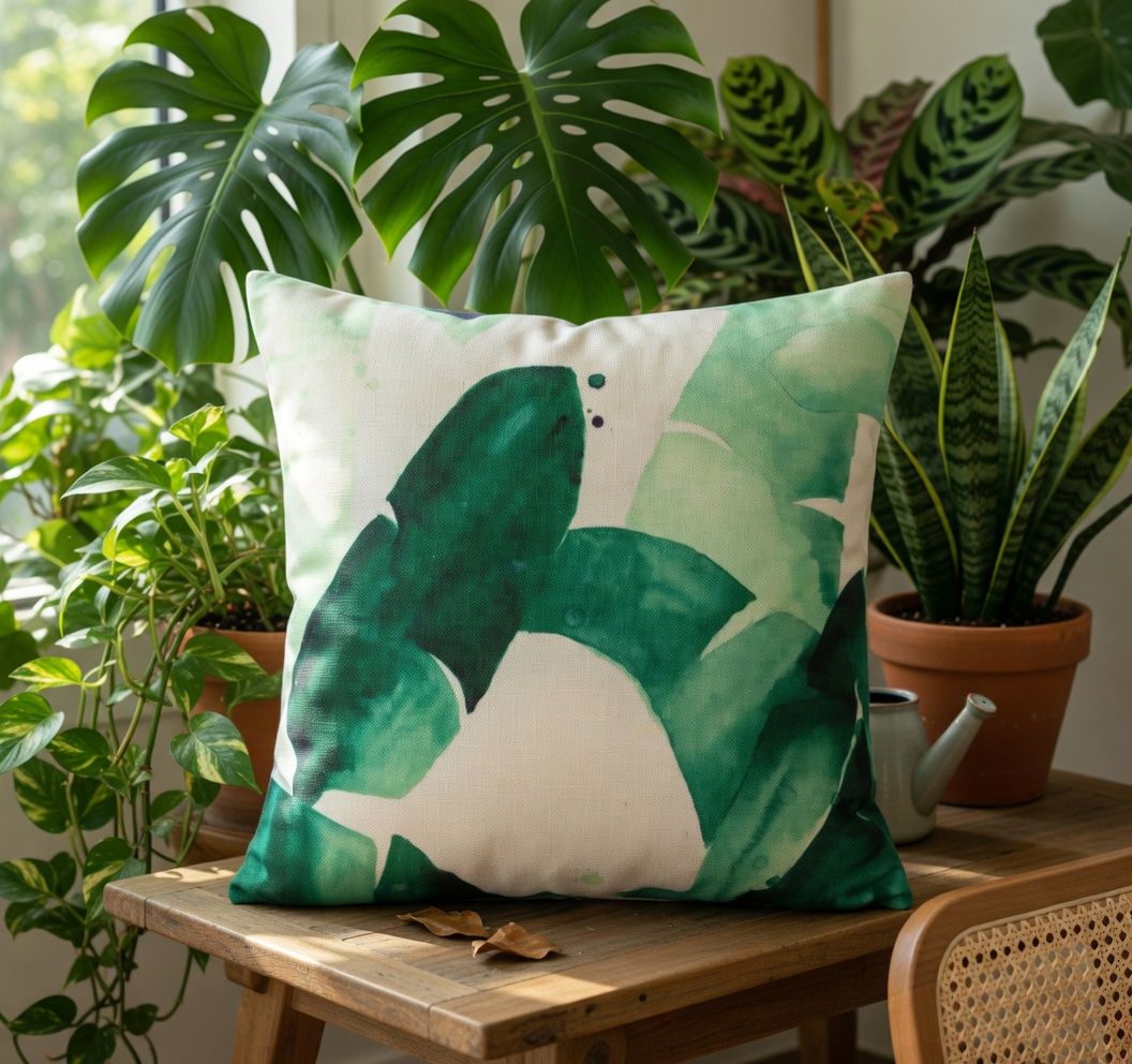 poszewka na poduszkę płócienna – 44 cm x 44 cm liście bananowca w akwareli