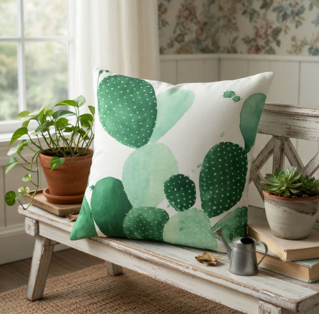 ​poszewka na poduszkę płócienna  – kaktusy w modnym wydaniu 44 cm x 44 cm