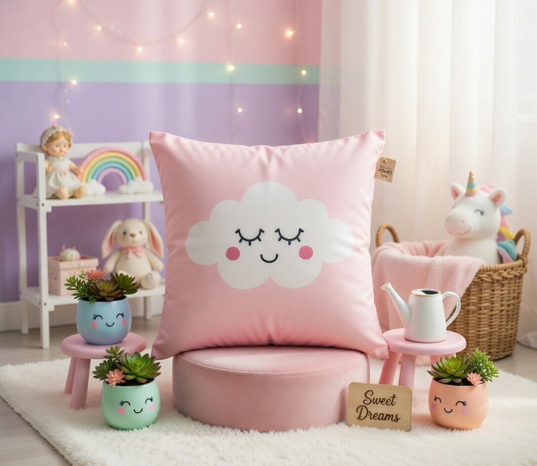 poszewka na poduszkę płócienna 44 cm x 44 cm – słodka chmurka na pastelowym tle różowa