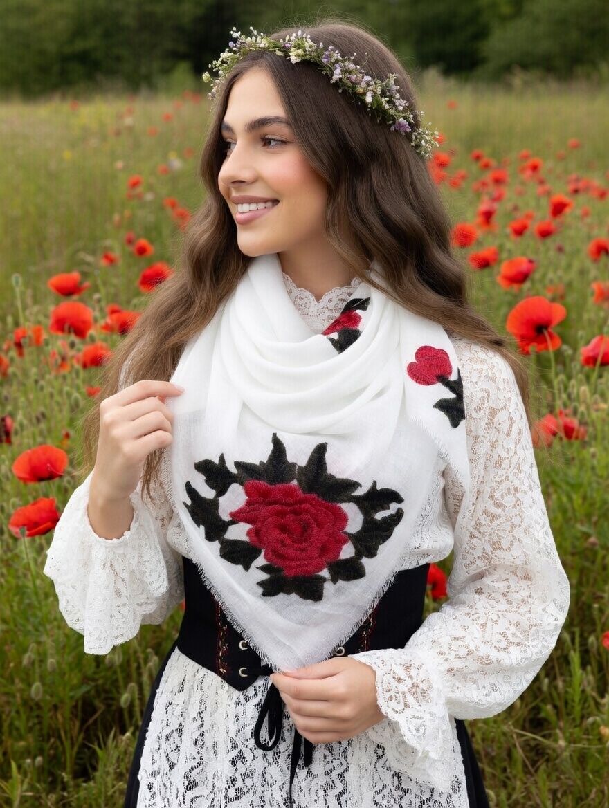 Modna chusta z haftowanymi różami – romantyczny styl folk &amp; garden