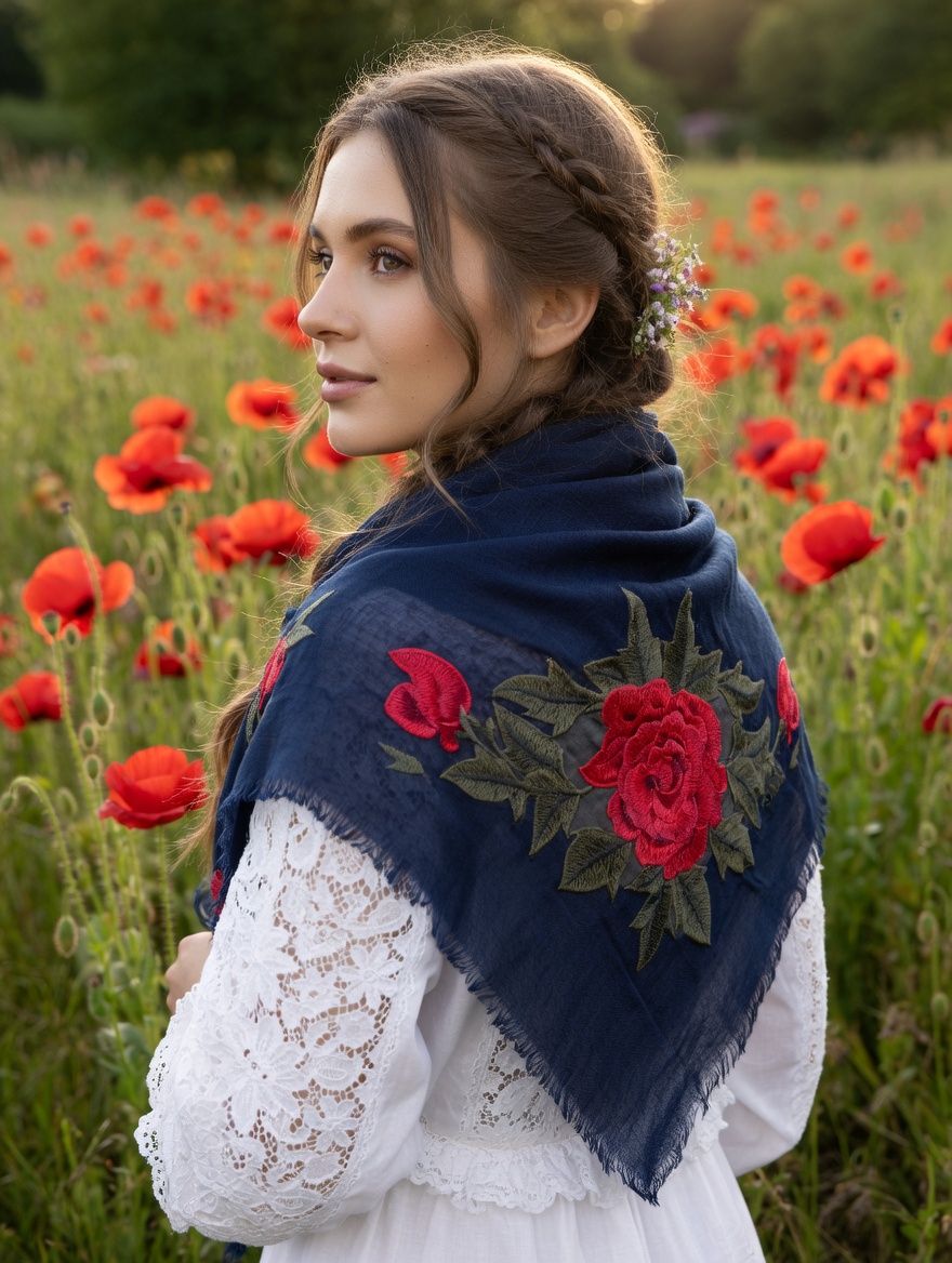 Modna chusta z haftowanymi różami – romantyczny styl folk &amp; garden granat