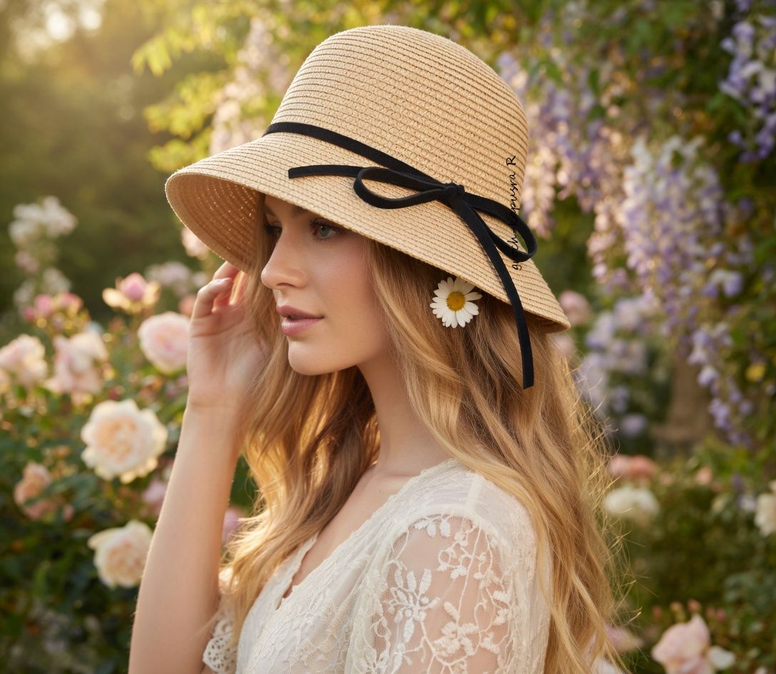 ​Kapelusz damski typu toczek – romantyczna elegancja z nutą natury roz 57 Piaskowy