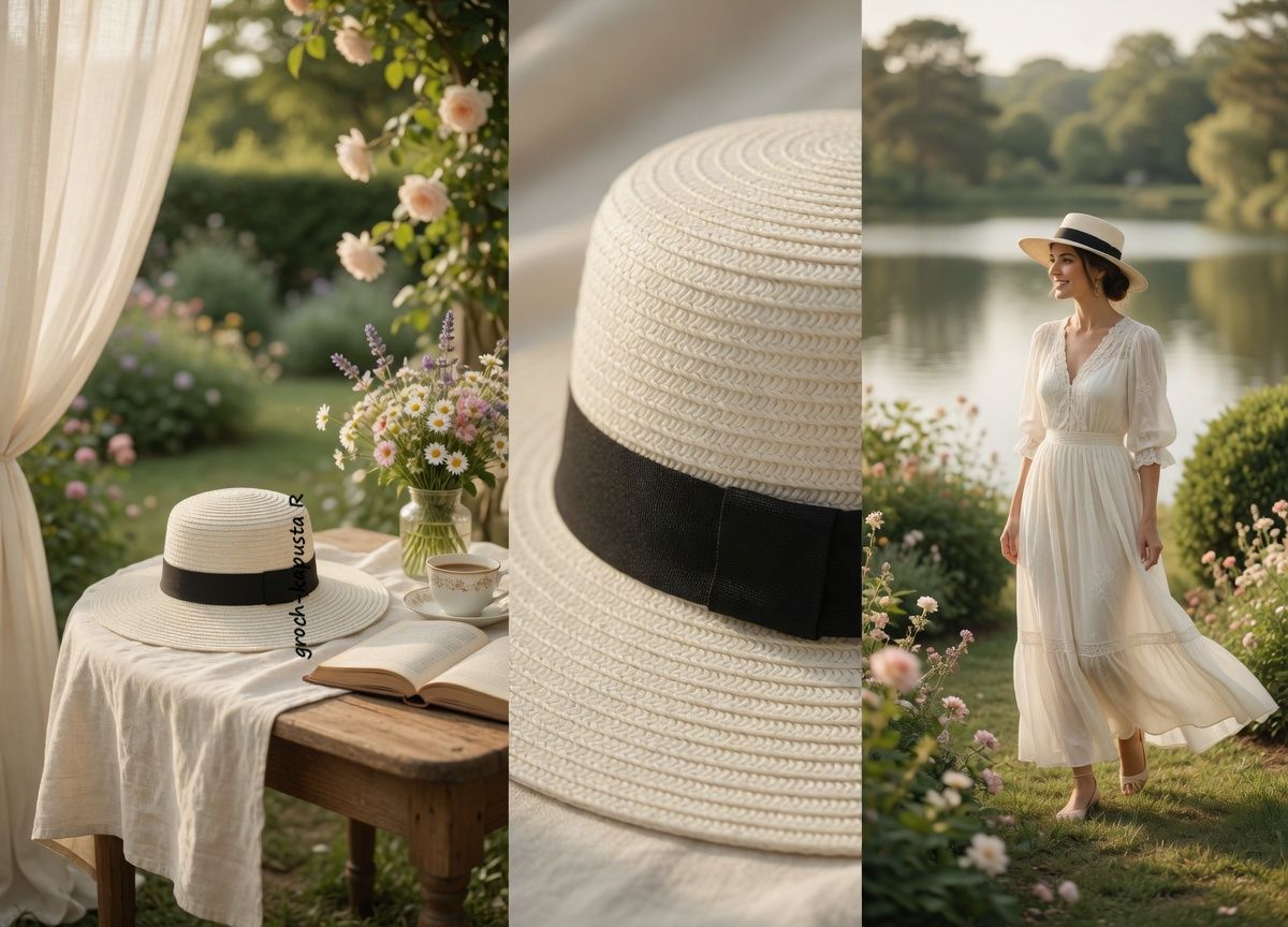 ​Kapelusz słomkowy letni typu boater (kanotier) Ecru / kremowy  – lekki i stylowy na słoneczne dni damski męski na plażę, miasto do ogrodu