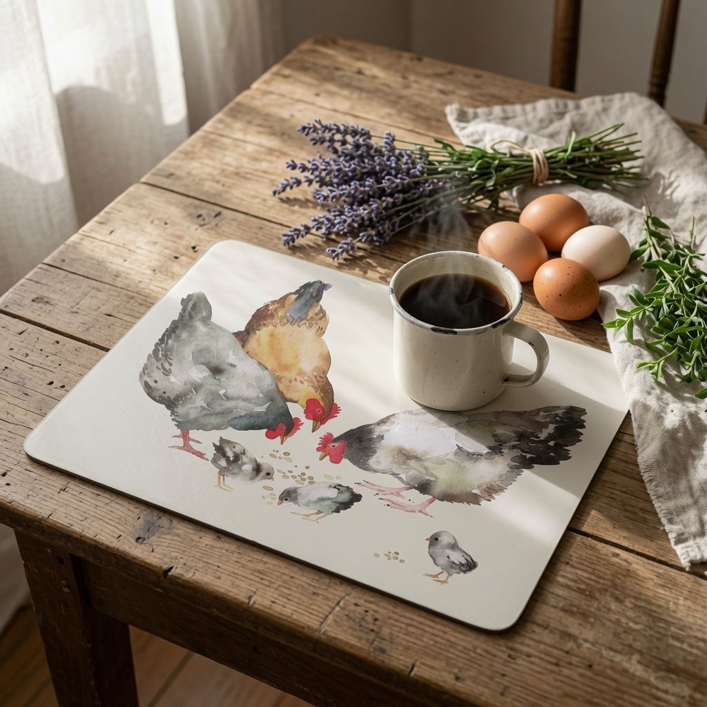 Podkładka korkowa z laminowanym nadrukiem „Kury na wiejskim podwórku” – 30 × 20 cm