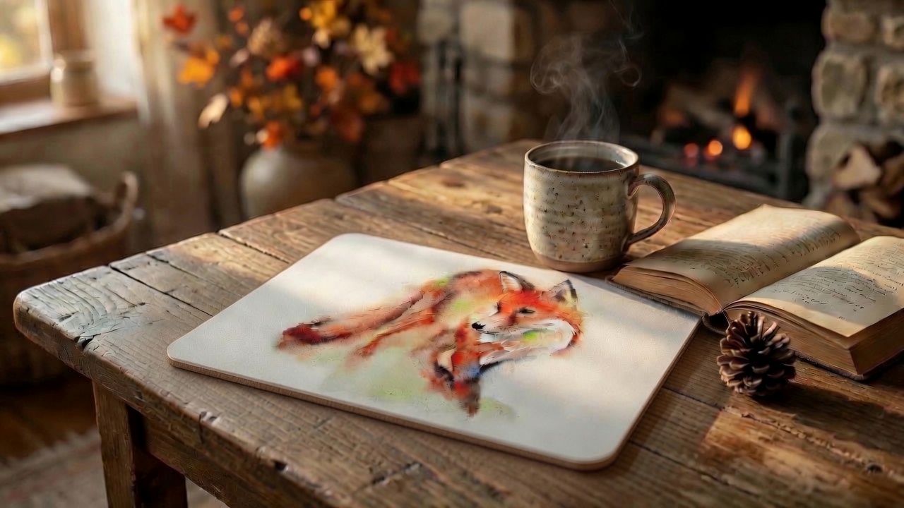 Podkładka korkowa na stół z motywem lisa – akwarelowy nadruk 30 × 20 cm