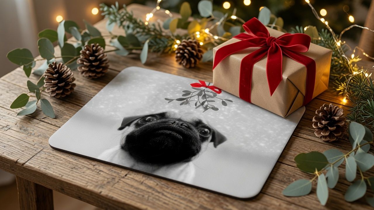 Podkładka korkowa na stół – Mops pod jemiołą 30 × 20 cm
