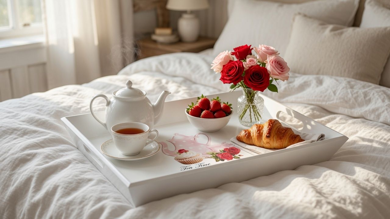 Taca drewniana "Tea Time" – Shabby Chic | Biała taca z uchwytami 35 × 25 cm