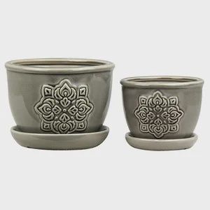 Medallion Planter with Saucer, Color: Grey