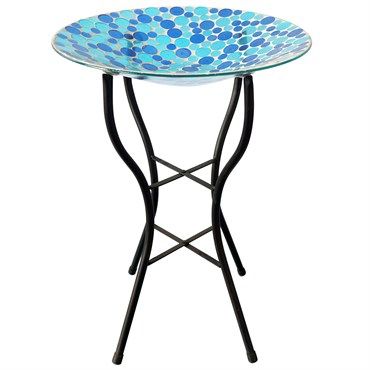 Blue Mosaic Glass Bird Bath with Stand