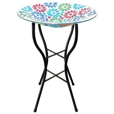 Floral Mosaic Glass Bird Bath with Stand