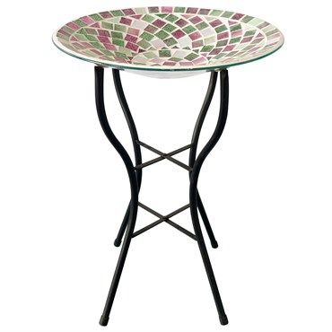 Geometric Mosaic Glass Bird Bath with Stand