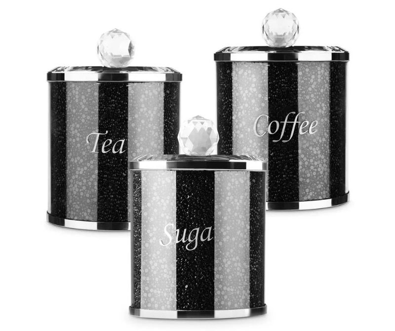 Hinsinc 3x Black Sugar Canisters Glass Crushed Diamond Tea Coffee Jar Storage