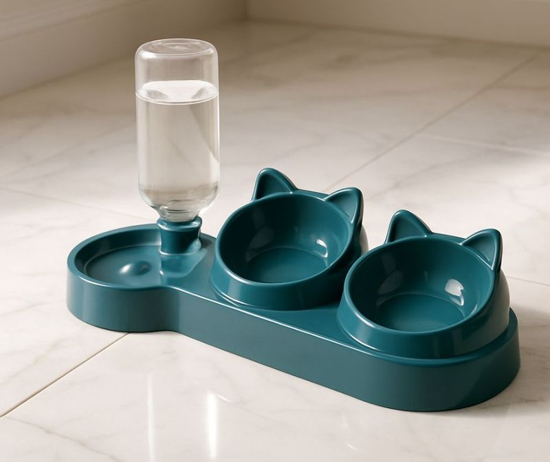 Triple Cat Bowls for Food and Water, Plastic Raised Cat Dishes, Automatic Water Bottle 3 in 1 Pet Bowls 2 Food Bowls and Water