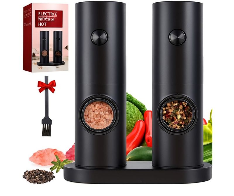 CIRCLE JOY Electric Salt and Pepper Grinder Set, Battery Operated Pepper Mill Grinder with Base, Adjustable Coarseness and Automatic Single Hand Operation, Black
