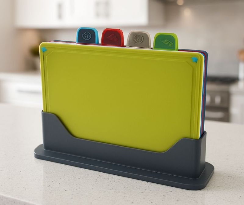 4pcs Food Classification Chopping Boards PP TPR Portable Cutting Boards with Color Coded Food Icon Plastic Cutting Board with Storage Shelf for Meat Veggies Fruits Large