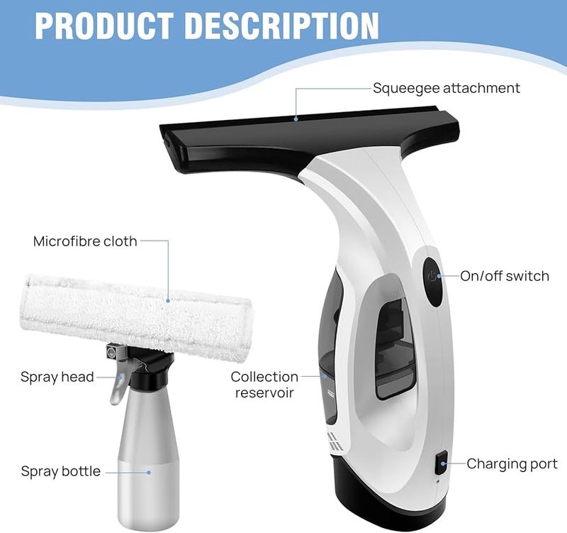 Window Cleaner Electric Window Vacuum for Cleaning Window, Cordless Cleaning Vacuum Rechargeable & Portable Window Washer, 280mm Suction Nozzle, 300ML Spray Bottle