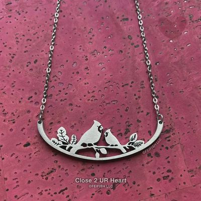Cardinals on Branch Stainless Steel Necklace