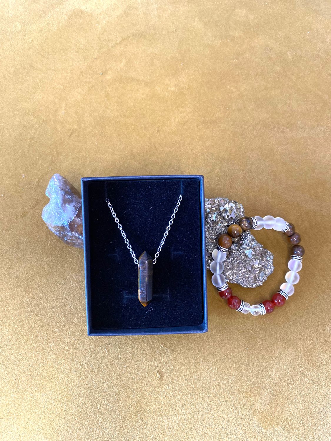 Tiger&#39;s Eye Necklace &amp; Harmony Shield Bracelet Set